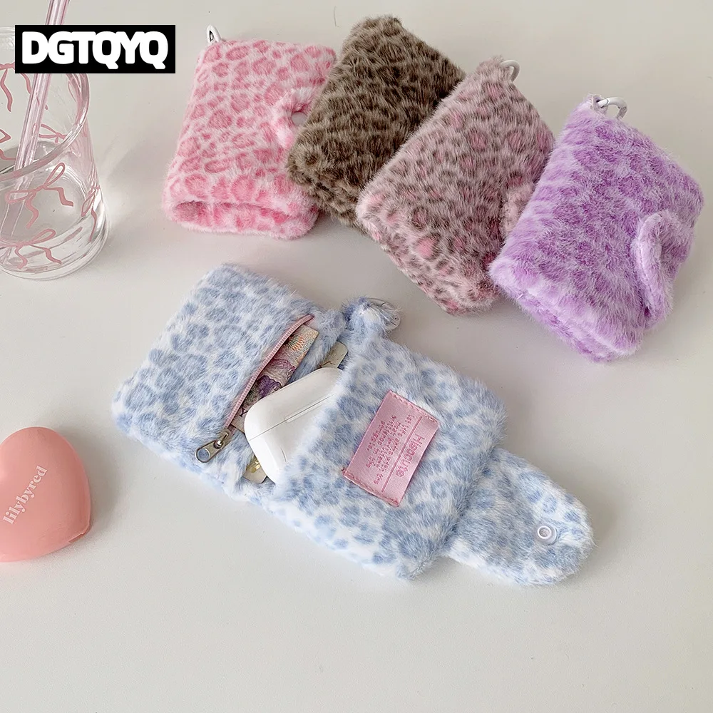 Girl Plush Leopard Pattern Card Bag Zipper Coin Purse High Beauty Bag Pendant Small Wallet Student Meal Card Holder Id Holder