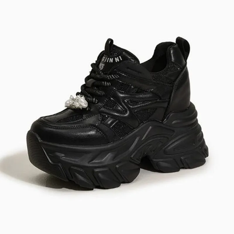 

Fashion Autumn Women's Chunky Sneakers Diamond Bling 10CM High Platform Casual Dad Shoes Hidden Heels Comfortable Sport Sneakers