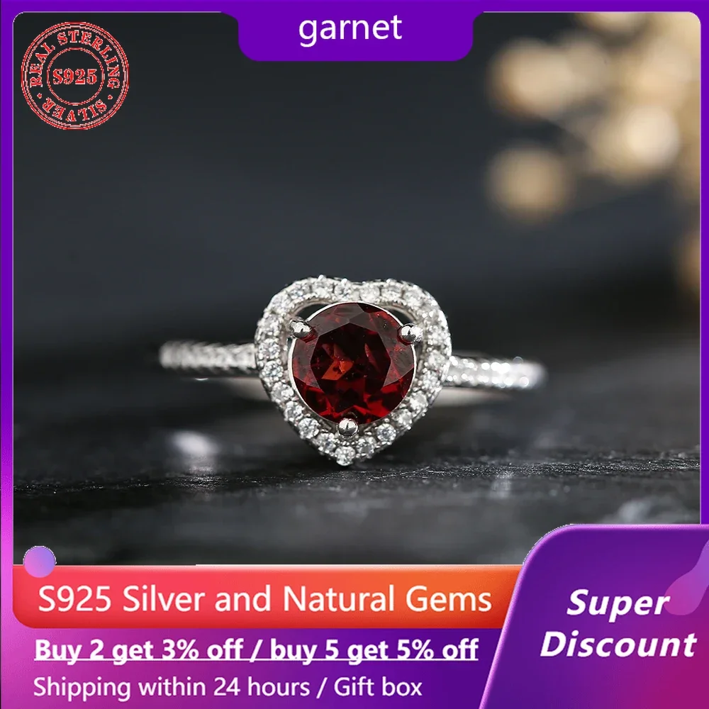 

S925 Sterling Silver Love Ring Paired with Natural Garnet Women's Ring Sweet and Romantic Wedding Jewelry Valentine's Day Gift