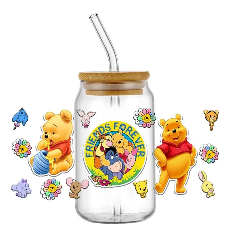 Miniso Cartoon Bear Winnie the Pooh Pattern UV DTF Transfer Sticker Waterproof Decals For 16oz Glass Cup Wrap Stickers