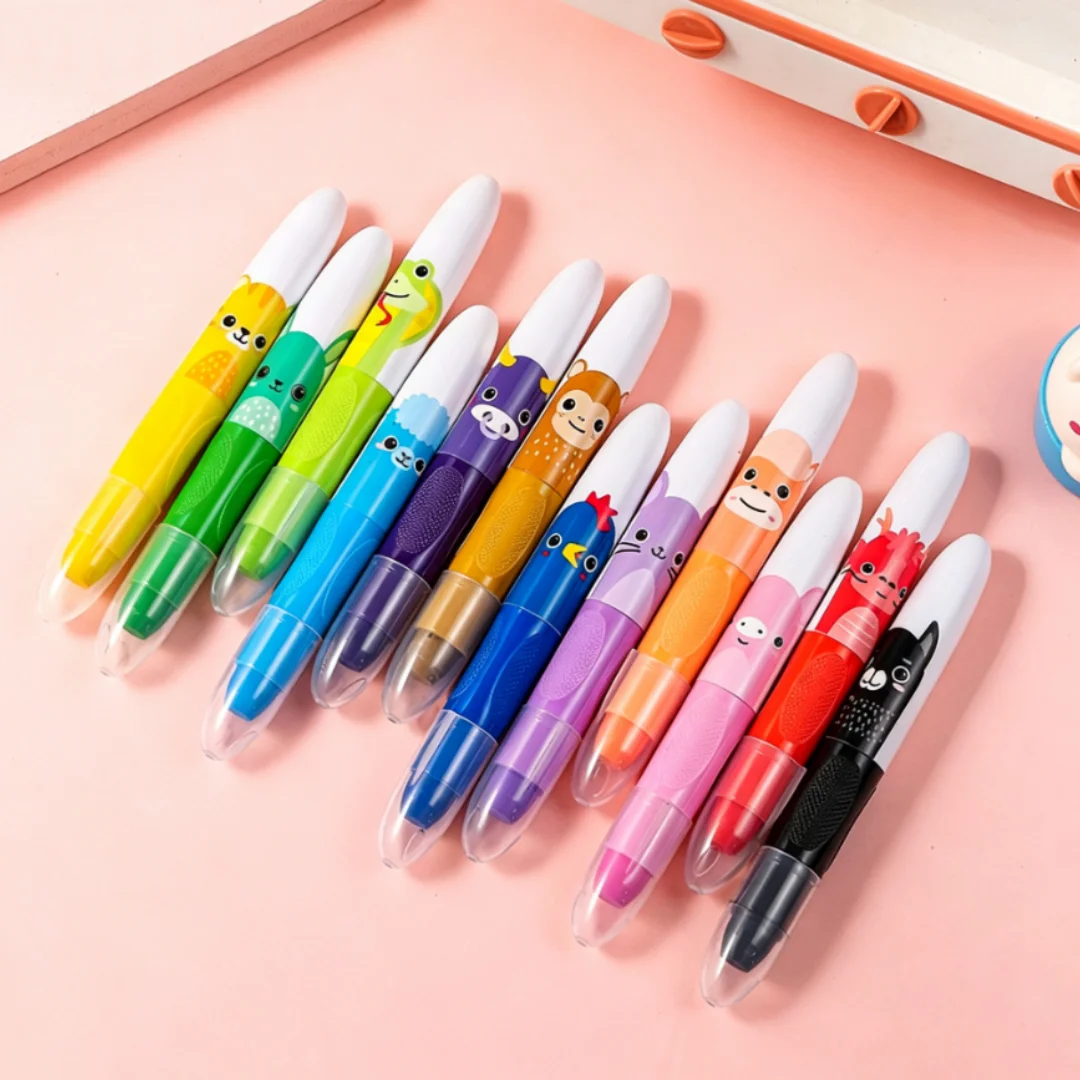 12 Colors Cute Cartoon Animal Rotating Crayons Vibrant Chalk Sticks for Drawing Graffiti Ideal Gift Reward