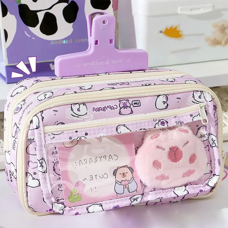 Cartoon Paarse Capybara Potlood Opbergtas Kawaii Pennenbakje Grote Capaciteit Etui School Briefpapier Case Make-up Tas