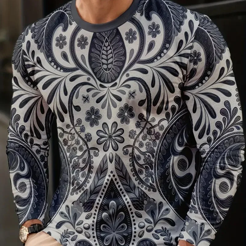 

Men's long-sleeve T-shirt, perfect for wearing out in spring and autumn, round neck design, polyester material with 3D pattern T