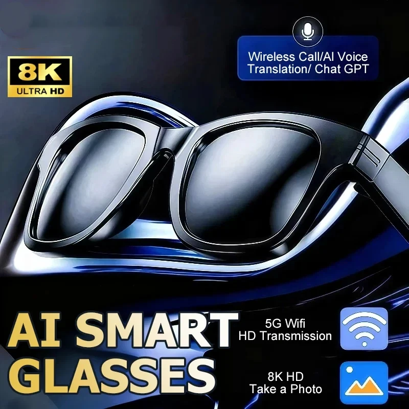 

New 8K AI Smart Glasses Multifunctional Camera Bluetooth Call Voice Assistant Music Player Translate Photochromic HD Glasses