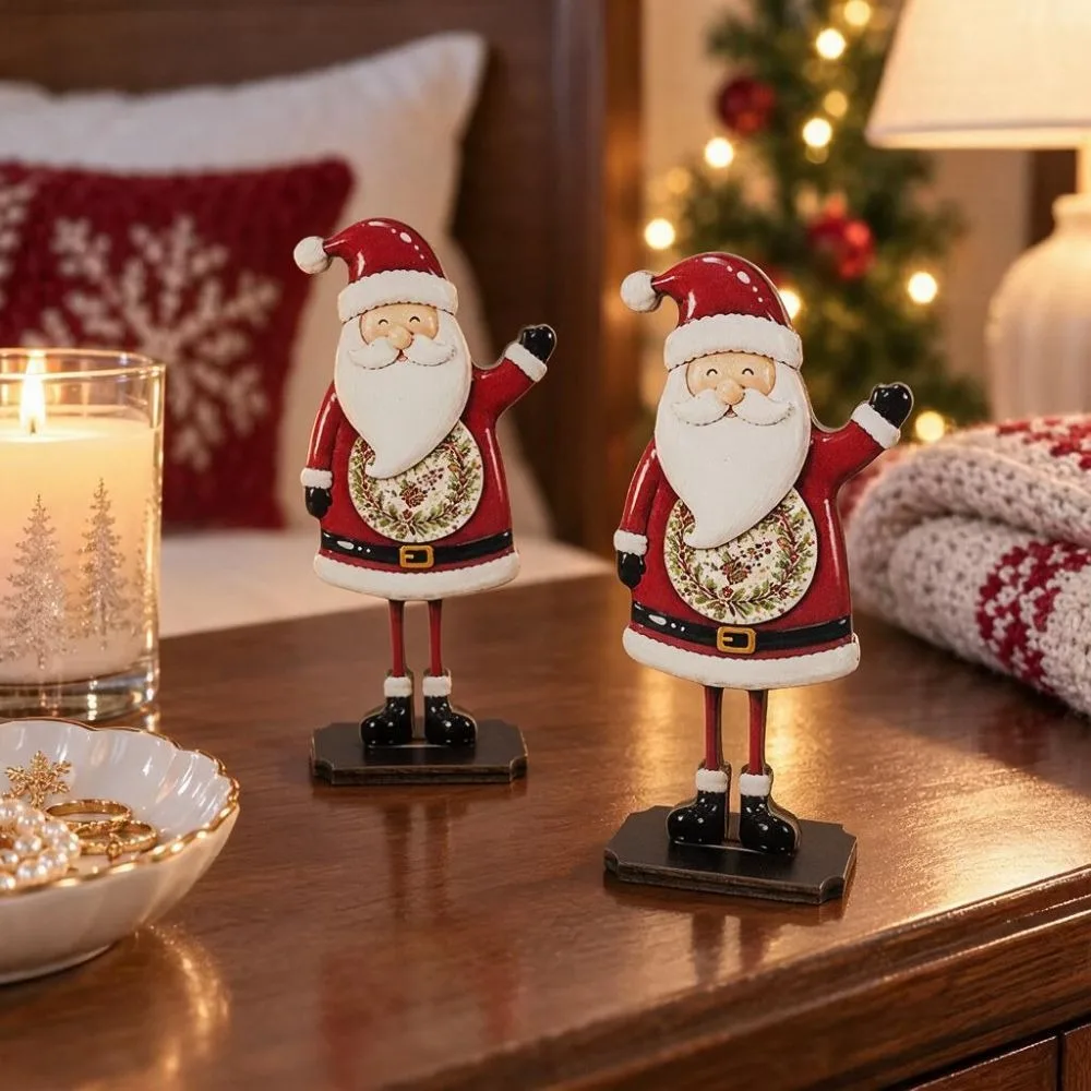 Wooden Santa Claus Tabletop Ornament Cartoon Rustic Holiday Reindeer Desktop Ornament 2D Flat Printing Slot in Base