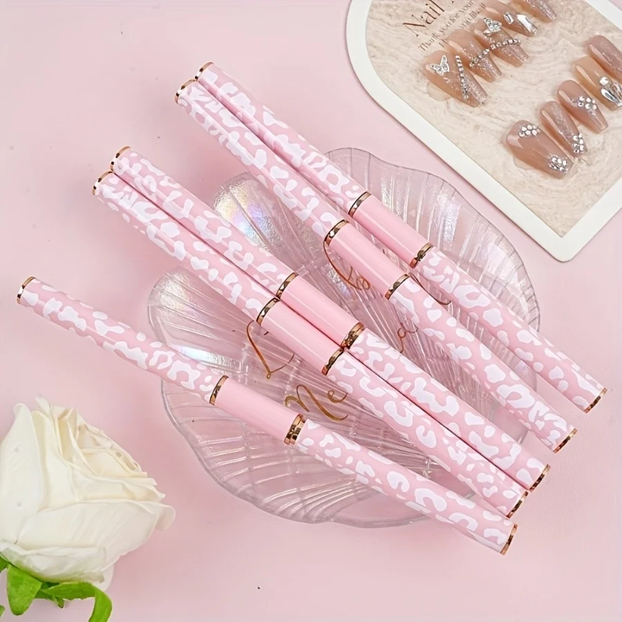 مجموعة فرش فنية احترافية مكونة من 5 قطع مع مقابض معدنية مزدوجة الأطراف - فرش أظافر بطبعة الفهد باللونين الوردي والأبيض مع دائري #2