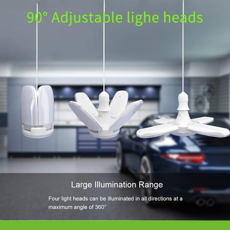 

E27 Deformable LED Garage Light, 6500K Foldable Fan Bulb, AC110V/220V Bright Ceiling Lamp for Warehouse Basement Shop Lighting