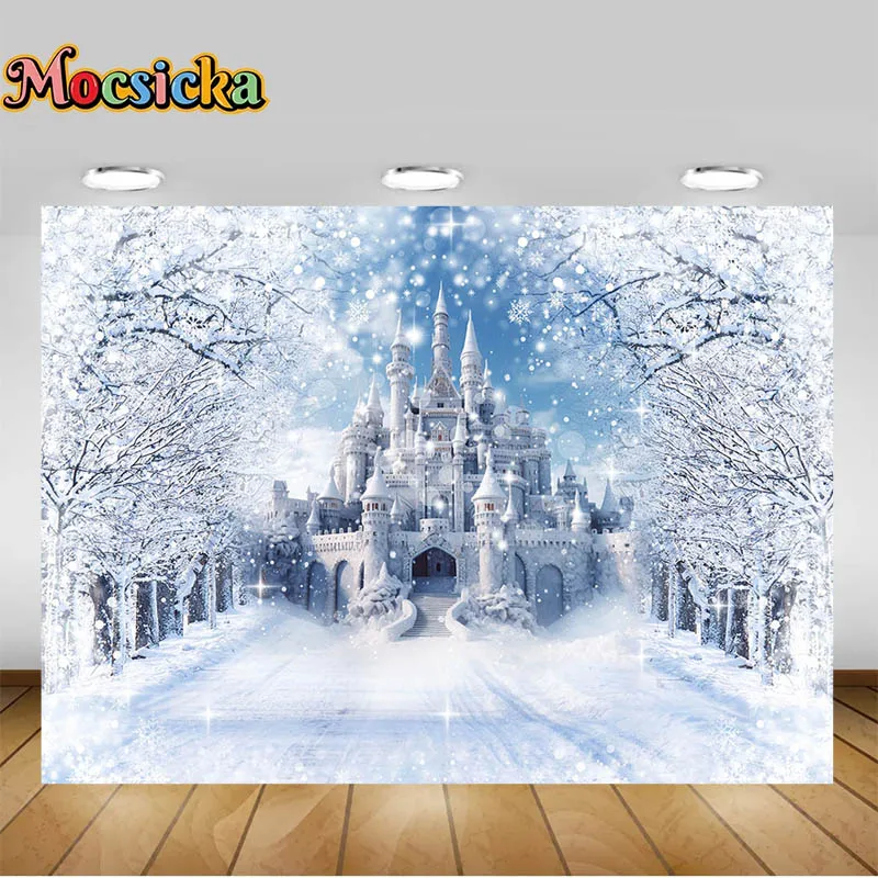 Winter Frozen Castle Photo Backdrop Christmas Birthday Photography Background Snowflake Ice Snow Decoration Banner Wallpaper