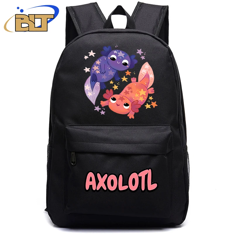 Cute Axolotl Printed Student Backpack Black Backpack Kids Bag