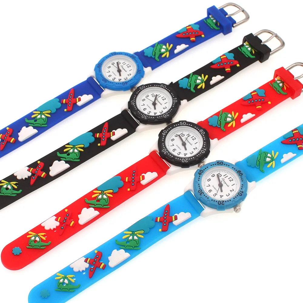 Kids Children Girls Boys Students Plane Colourful Silicone Watches Cartoon Birthday Party Gift Quartz Watch Clock Casual