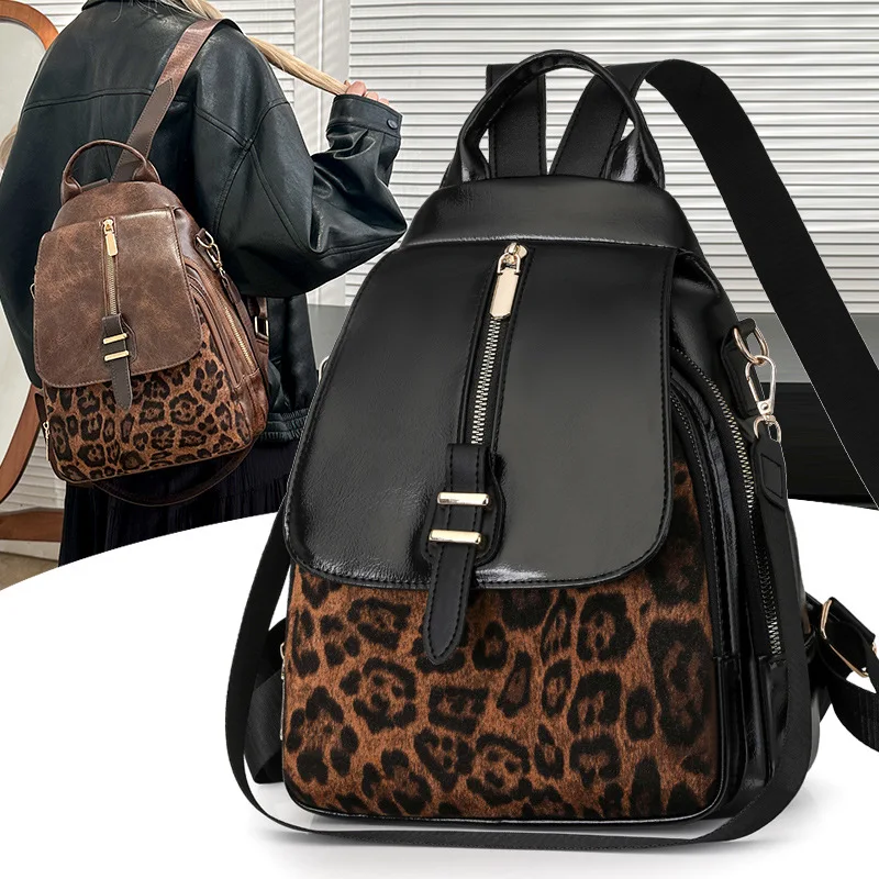 

Leopard Print Women Backpack Versatile Backpack Travel Fashion Back To School Bags Retro Pu Travel Bags Mochila De Hombre Sac