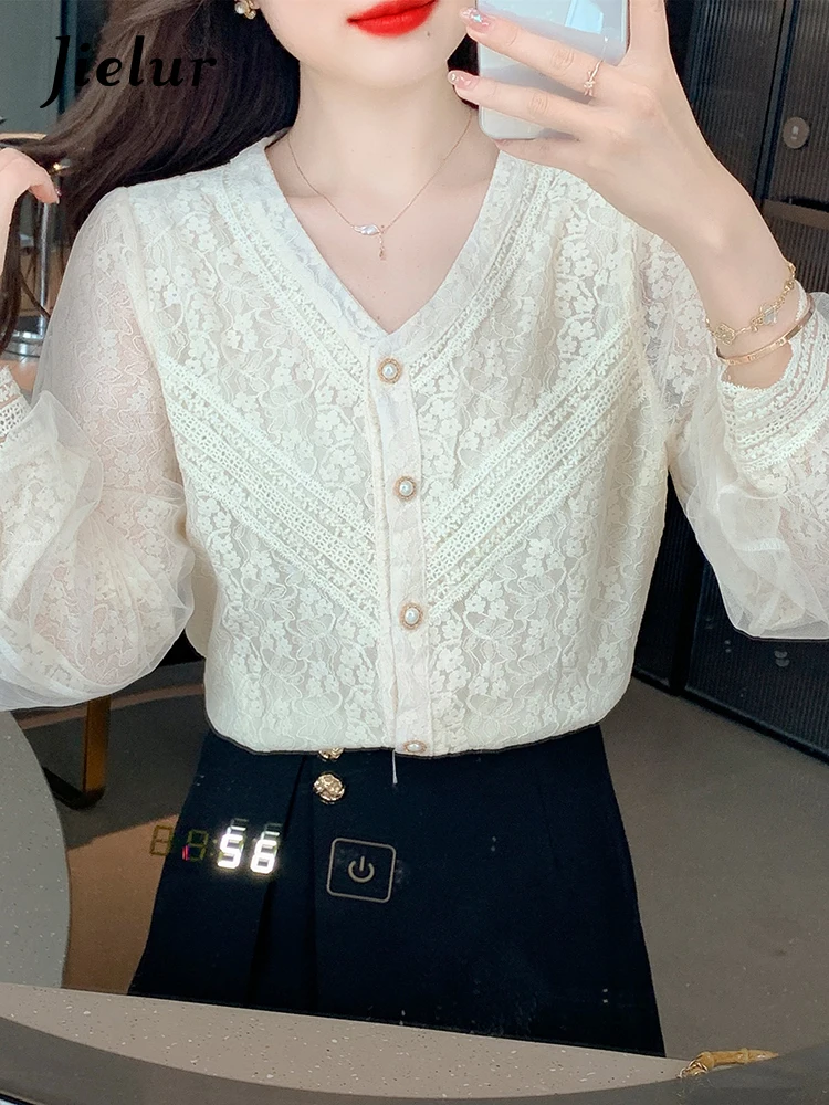 Jielur Autumn New Solid Color Slim Lace Women Shirt Sweet Ladies Elegant Chiffon Shirt Woman Apricot Long-Sleeved Top Female