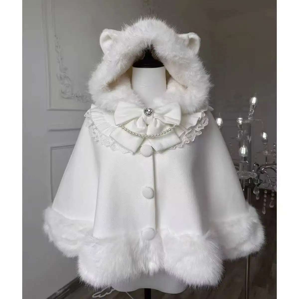Autumn Winter Japanese Bow Ruffles Ponchos Lolita Style Sweet Kawaii Capes Coat Women Viange Outerwear Clothing Warm