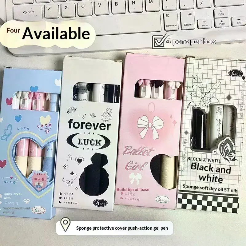 4 Pcs Black And White Bow Press Pen Soft Grip Super High Value 0.5mm Brush Question Quick Drying Press Cartoon Neutral Pen