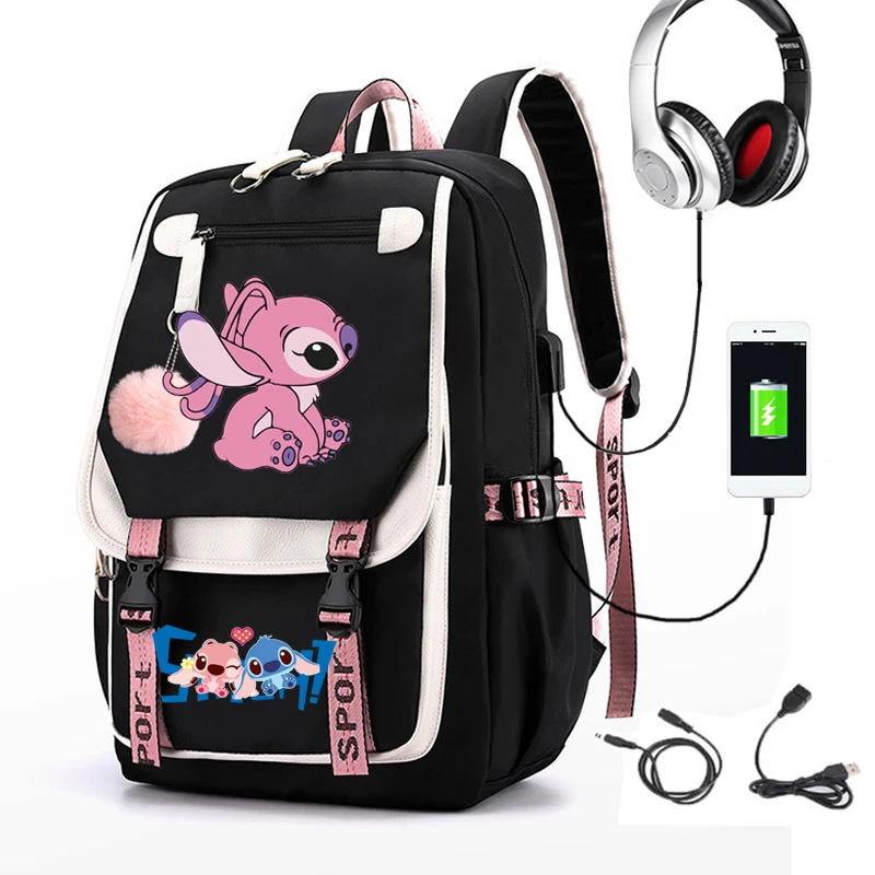 Lilo & Stitch USB Backpacks Multifunction Pocket Patchwork School Bags Big Laptop Mochila Escolar For Teens Boys Girls