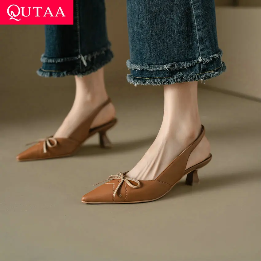 QUTAA 2023 Women Sandals New Arrival Mesh Pumps Genuine Leather Thin Heels Shoes Woman Spring Summer Party Office Size 34-39