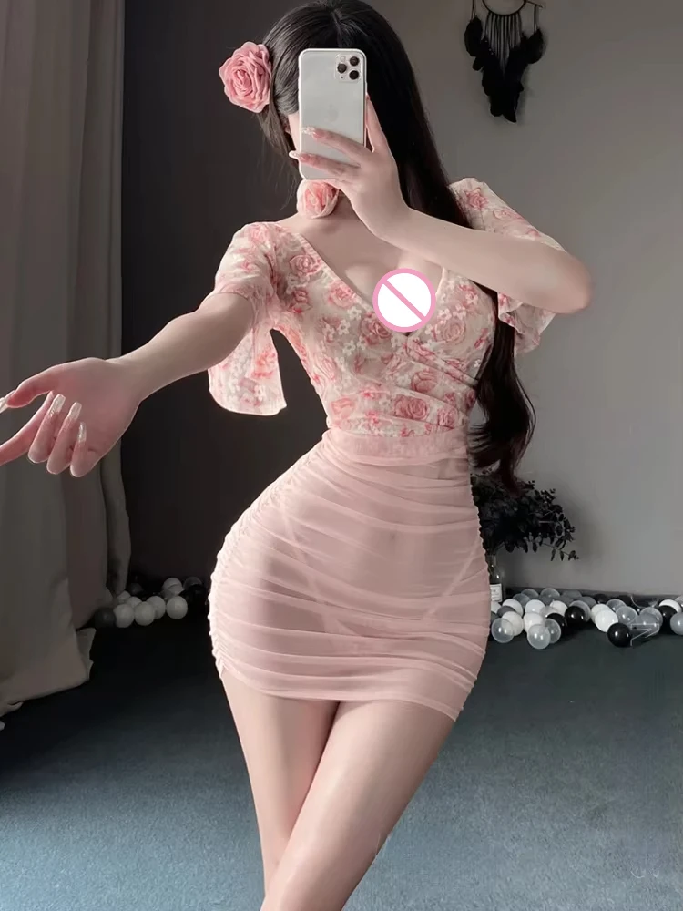 Sexy Deep V Rose Flora Mesh See Through Mini Dress Women Backless Bodycon Nightdress Role Play Underwear Lingerie Outfits