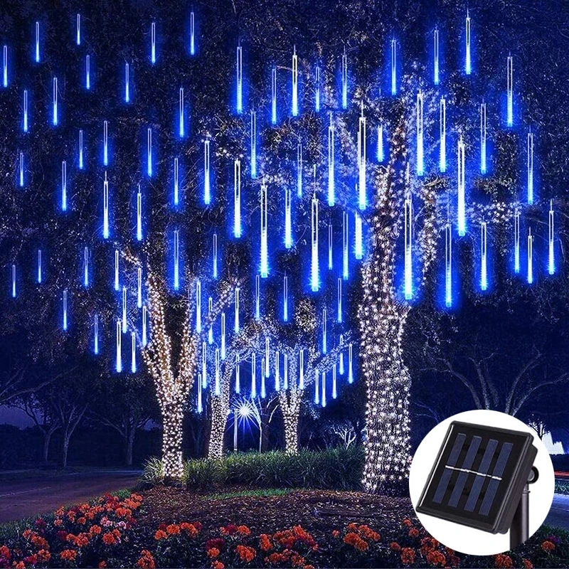 Solar led chuva de meteoros luzes da corda do feriado luzes impermeável jardim luz 8 tubos 144 leds decoração de casamento de natal.