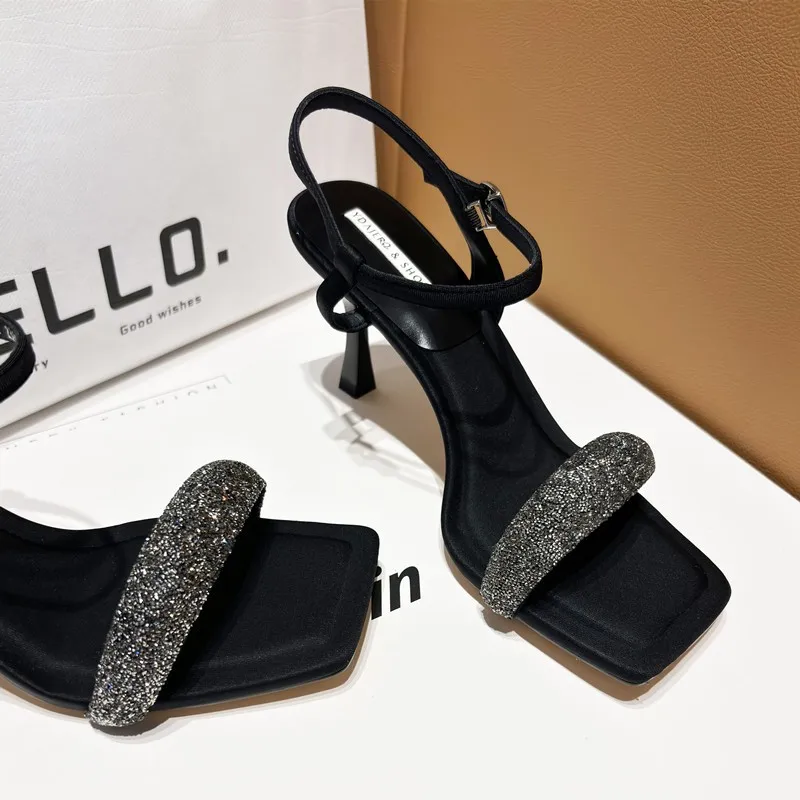 Square Toe Thin Heeled Sandals Women Summer 2024 Fashion Rhinestone Letter Design Pumps Women Cross Strap Black High Heels