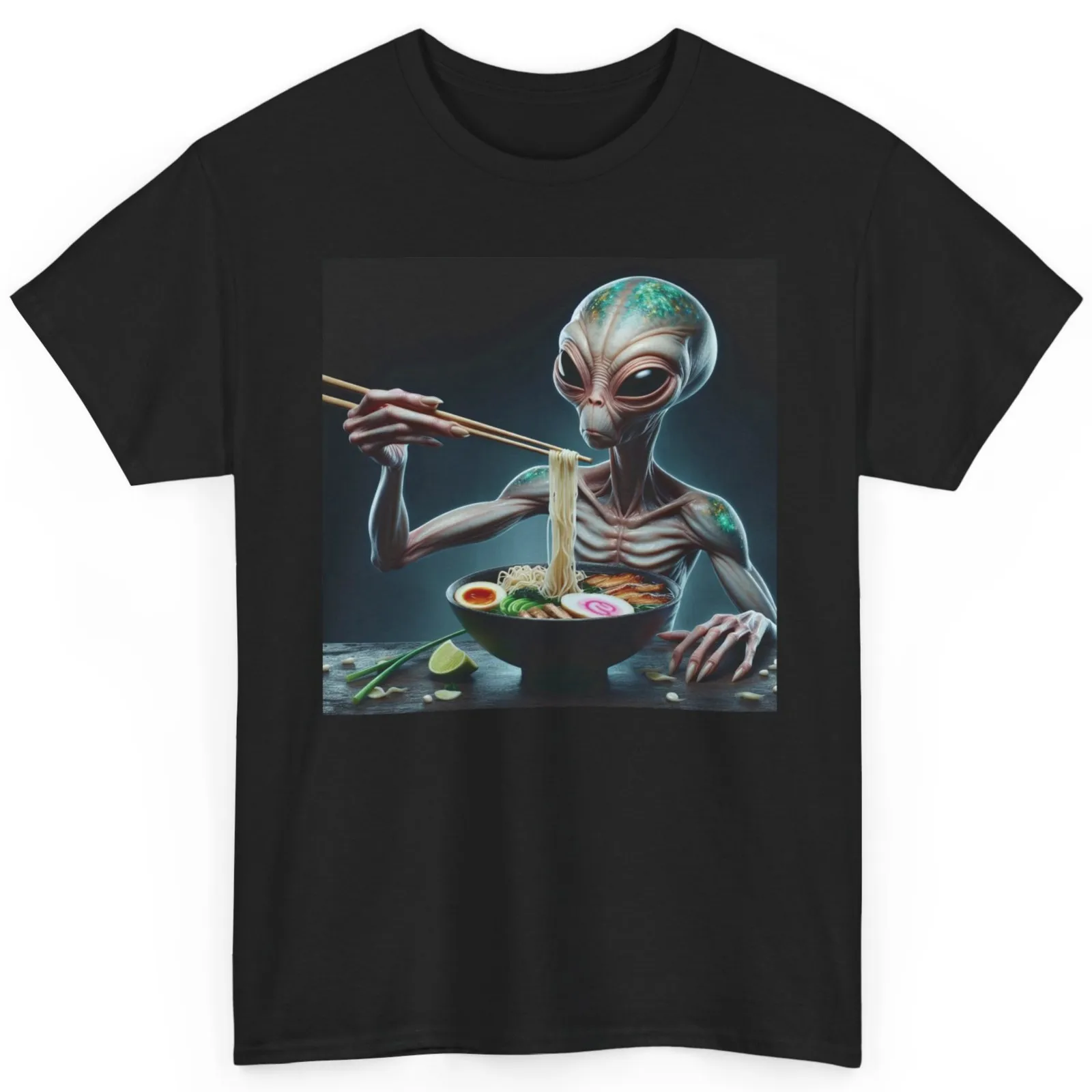 Alien Eating Ramen T-Shirt, asiatische Essstäbchen, für Männer und Frauen, seltsames Grafik-T-Shirt