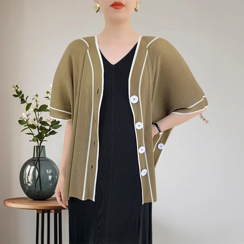 

Miyake Pleated Shirt 2025 Spring Summer Fold Cardigan Design Sense Loose Pleated Tops Women Collision Color Printed Shirt Niche
