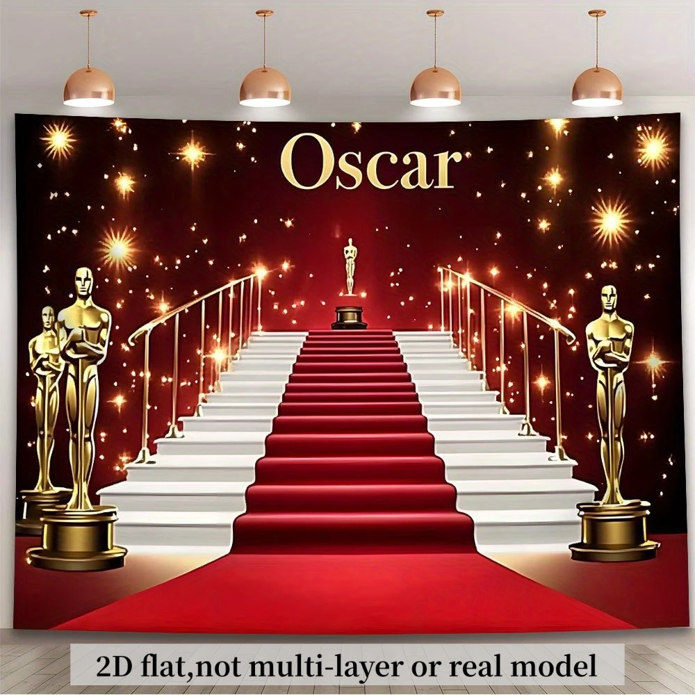 2D-flaches 1-teiliges Hintergrundbanner für den roten Teppich mit Oscar-Motiv, goldenen Sternen und glitzernden Lichtern – strapazierfähiges Polyester