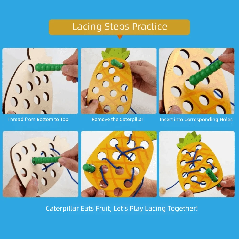 لوحة خيوط الفاكهة الخشبية التعليم المبكر لون الإدراك خيوط حبل لعبة التنسيق بين اليد والعين المساعدة التعليمية #3