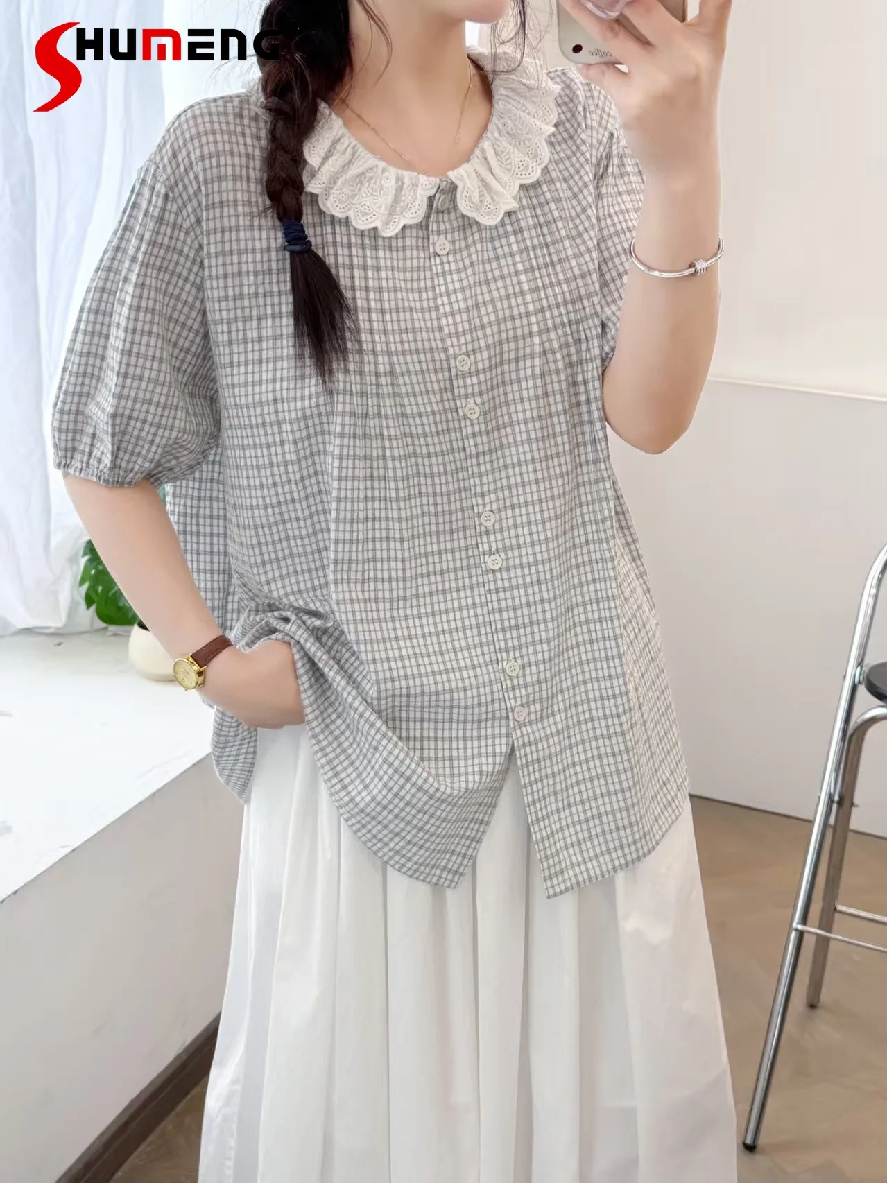 

Japanese Sweet Elegant Mori Girl Style Lace Embroidered Lapel Collar Short-sleeved Single-breasted Loose Shirt Tops Women Summer