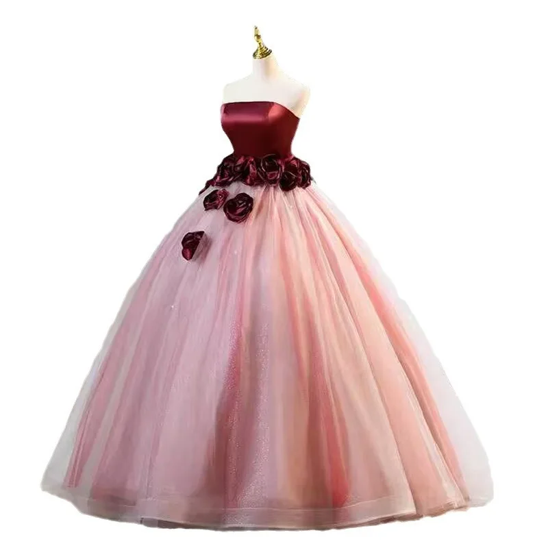 Aangepaste Strapless Applique Trouwjurken Vrouwen A-lijn 3D Bloem Tule Prom Verjaardagsfeestje Jurk Luxe Formele Gelegenheid Jurk