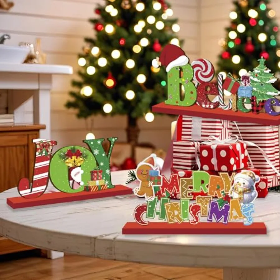 3Pcs Christmas Table Decorations Merry Christmas Tabletop Wooden Sign and Blieve Sign Joy Wood Sign Centerpiece Table Decoratio