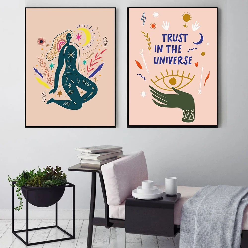 Fortune Lady Walking Leopard Sun Moon Eye Wall Art Aesthetics Print Canvas Painting Posters for Living Room Modern Home Decor