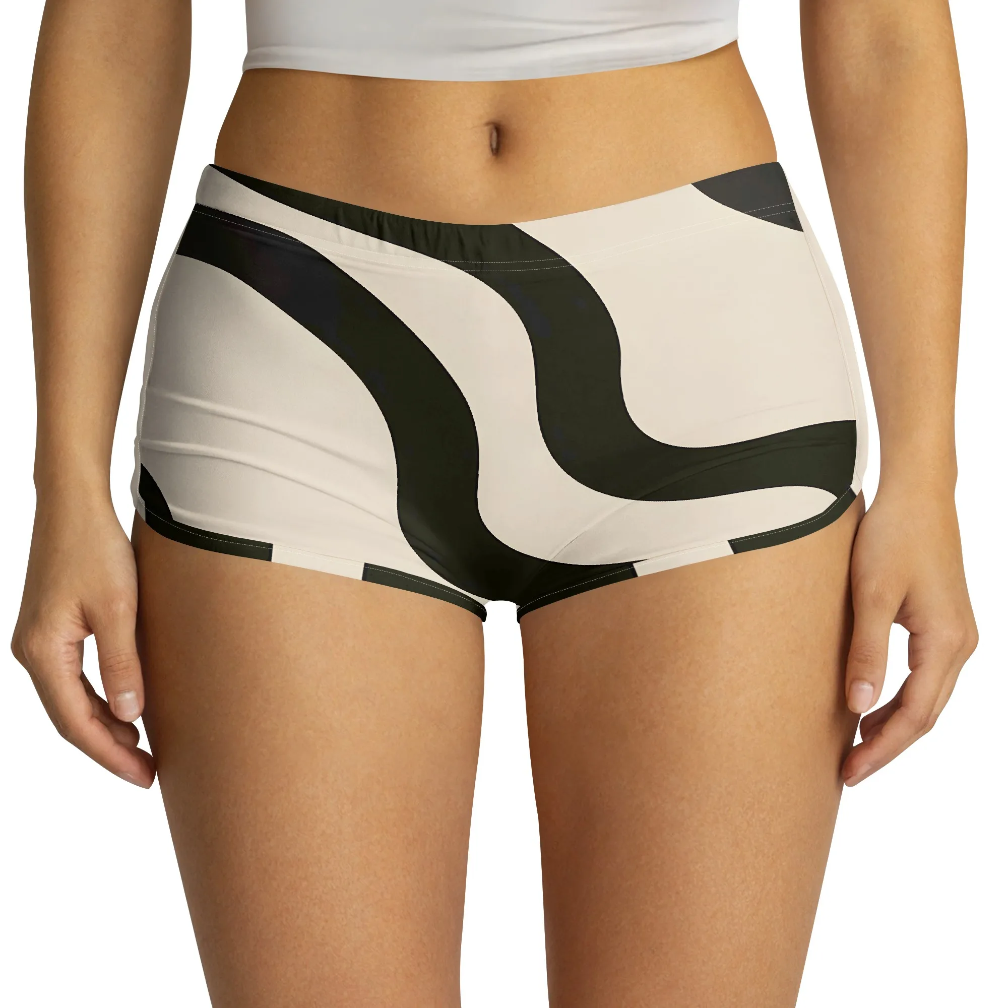 Wavy Print Shorts, Black White Pattern, High Waist Design, Stretchy Fabric, Women's Gym Wear, S-2XL