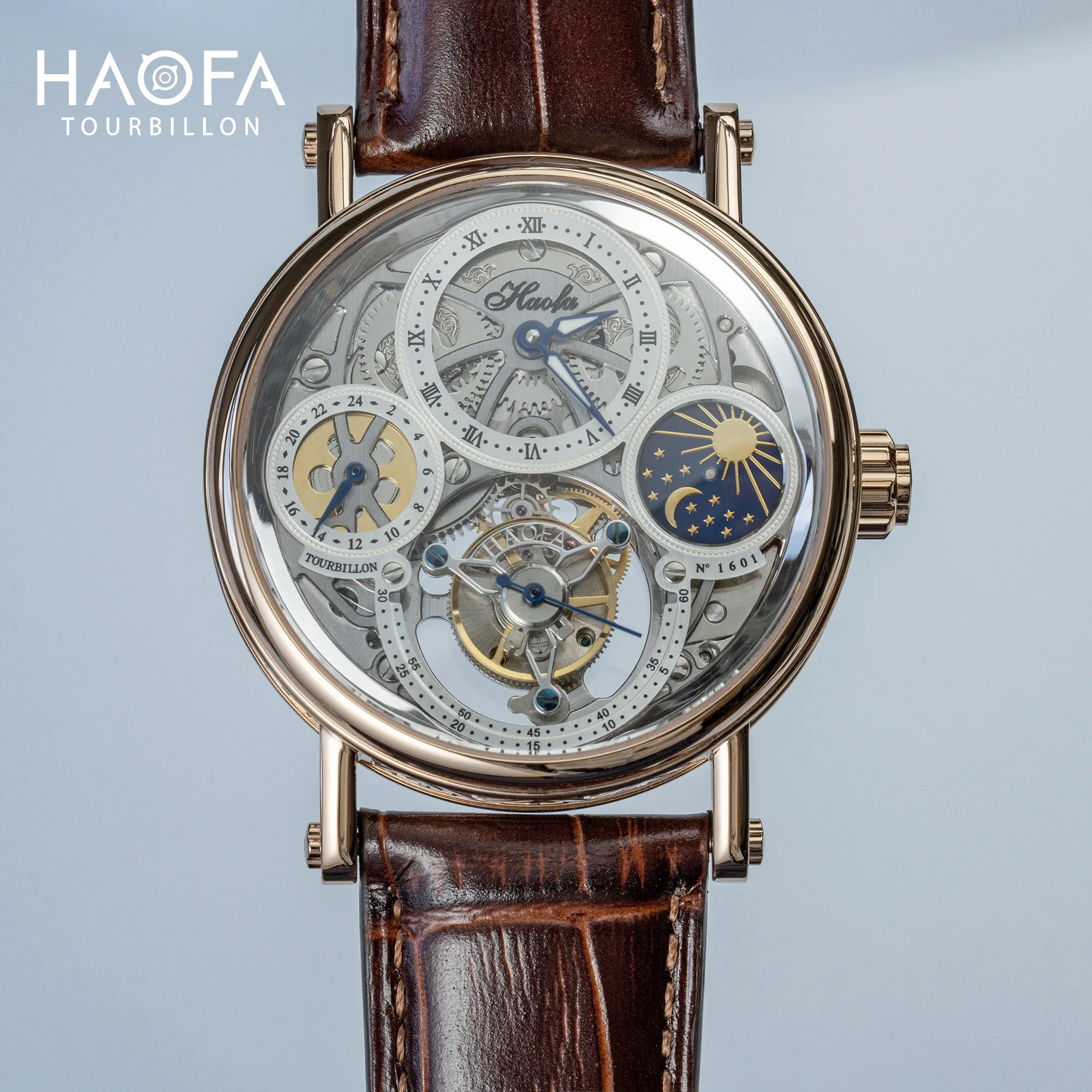 Haofa Skeleton GMT Tourbillon Movement Mens Watch Sapphire Mechancial Tourbillon Wristwatches Day And Night Watch 1601