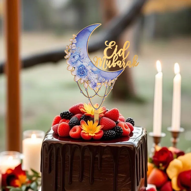 Eid Mubarak Acrylic Cake Topper Moon Flower Cake DIY Decoration 2026 Islamic Muslim Ramadan Party Supplies Eid Gift Baking Tools