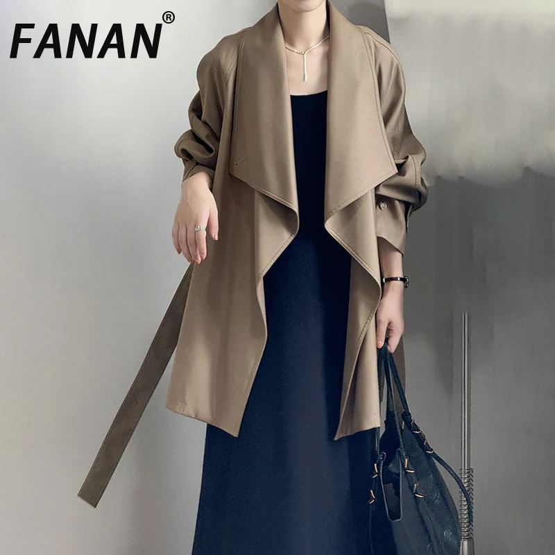 

FANAN Temperament Cardigan Trench For Women Lapel Belt Gathered Waist Windbreaker Elegant Female Coats Fashion 2025 Autumn New