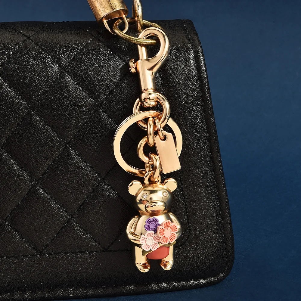 3D Metal Teddy Bear Keychain Heavy Duty Rose Gold Purse Charm Secure Trigger Clasp Accessory for Women Handbag Holiday Presents