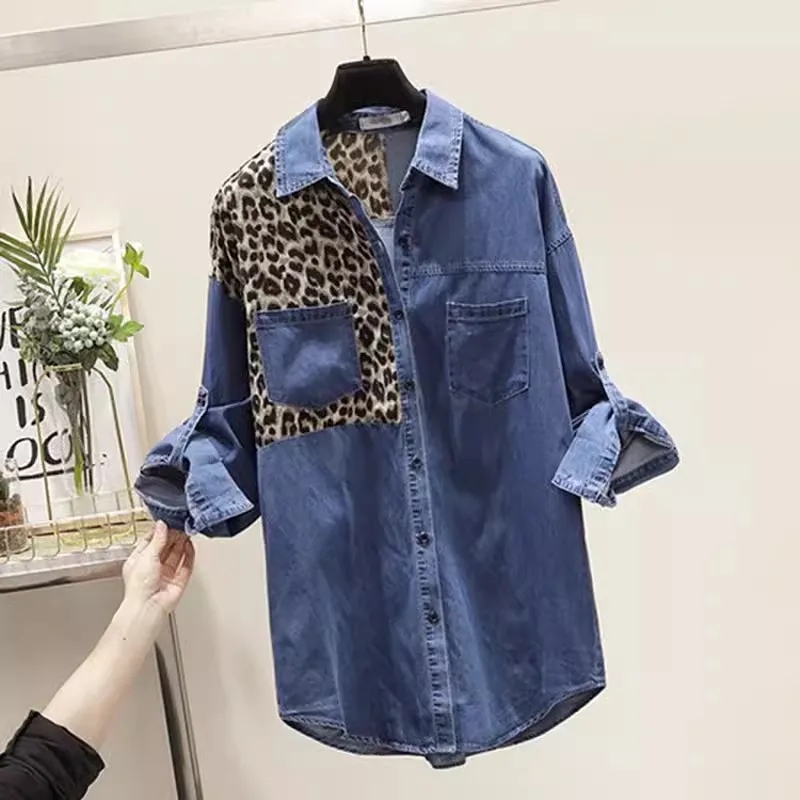 Leopard Print Patchwork Denim Shirt Women\'s 2024 Spring Autumn New Long sleeved Loose Cowboy Casual POLO Shirts Female