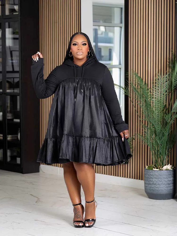 Women Plus Size Casual Autumn Dresses Patchworksweet  Preppy Hooded Dresses Knee Length Loose Waist Dress Wholesale Dropshipping