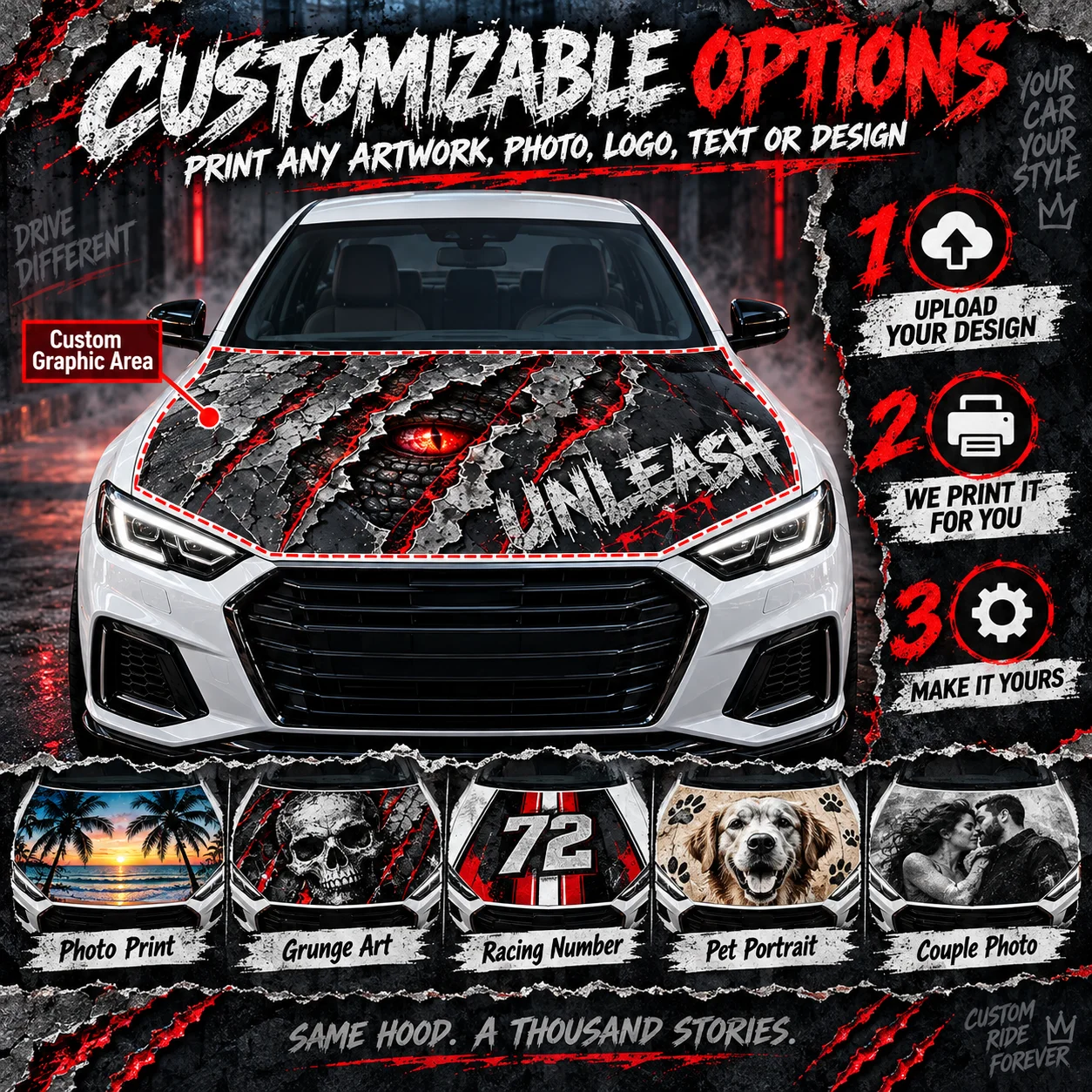 Custom Car Hood Decal Vinyl Sticker Personalized Monster Claw Scratch Graphics for Truck SUV Auto Racing Bonnet