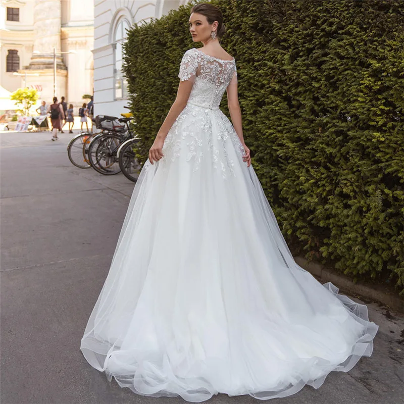 VENSANAC Illusion Boat Neck Lace Appliques A Line Wedding Dress Short Cap Sleeve Sash Sweep Train Bridal Gowns