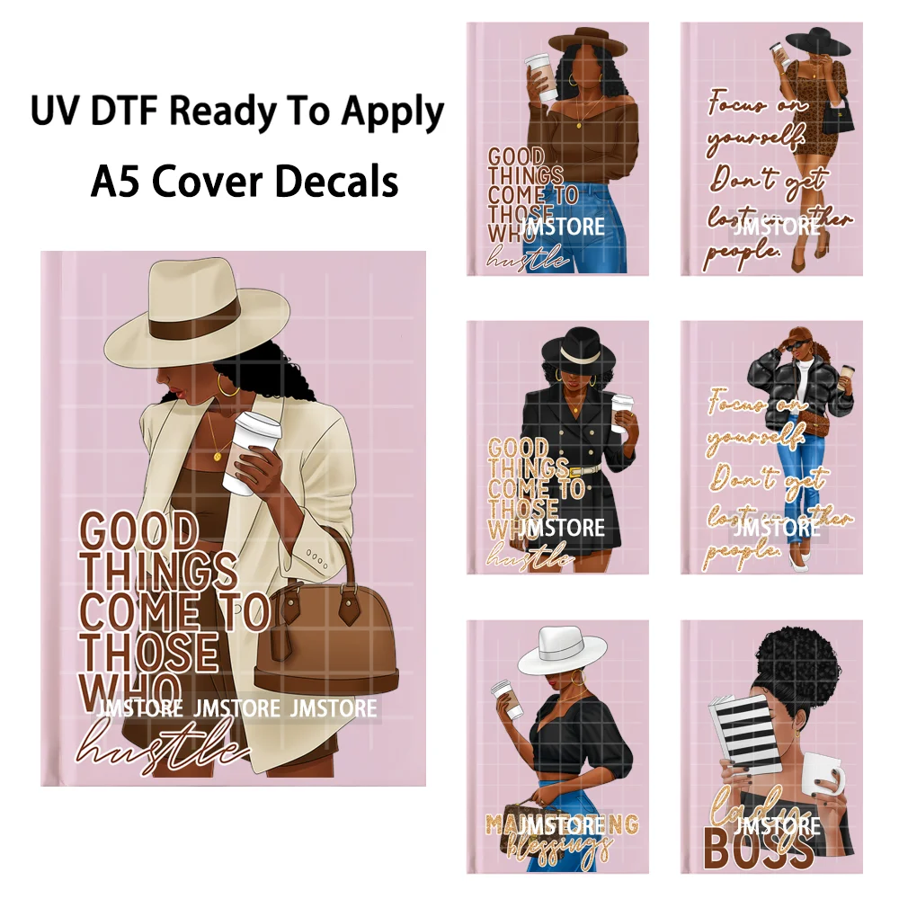 Coffe Book Black Woman Empowerment Lady A5 Notebook UV DTF Wraps Ready To Apply Transfer Stickers DIY Decals For Journal Cover