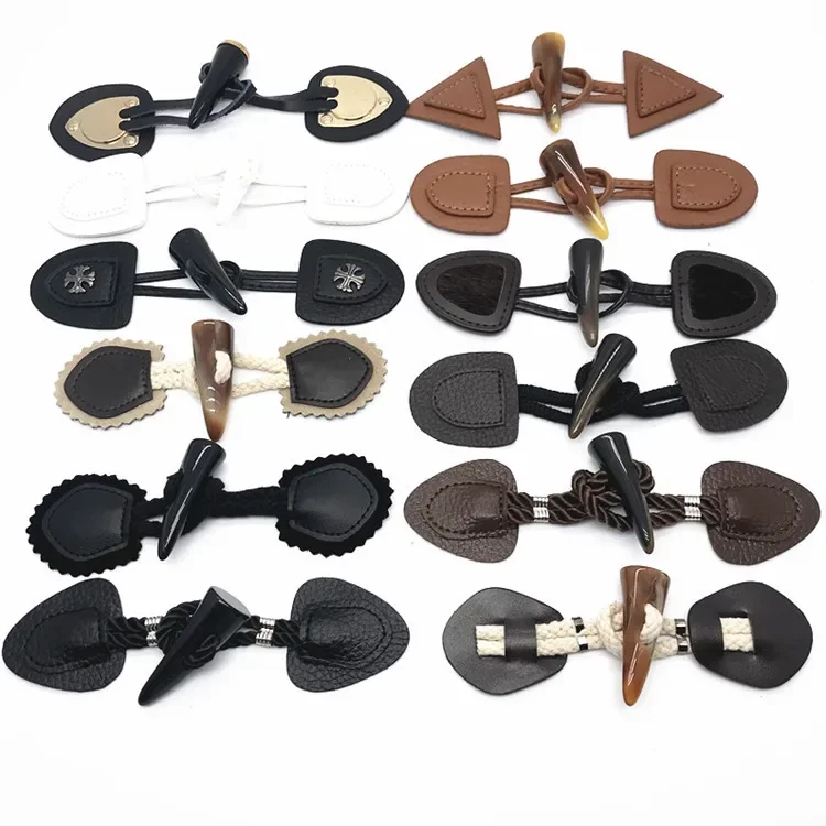 3 Pairs Leather Horn Toggle Button, Duffle Coat Jacket Fasteners Toggle  with Leather Patch Trench Coat Fastener Craft Connector