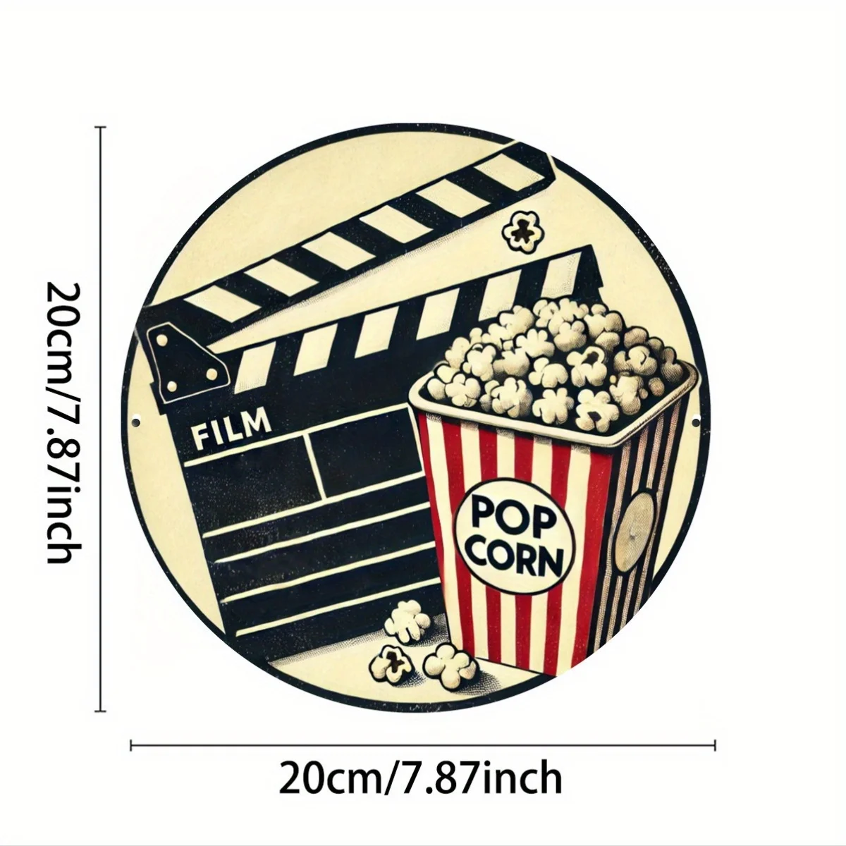 Vintage Movie Night Wall Art - Round Iron Metal Sign with Clapperboard and Popcorn Design, 7.87