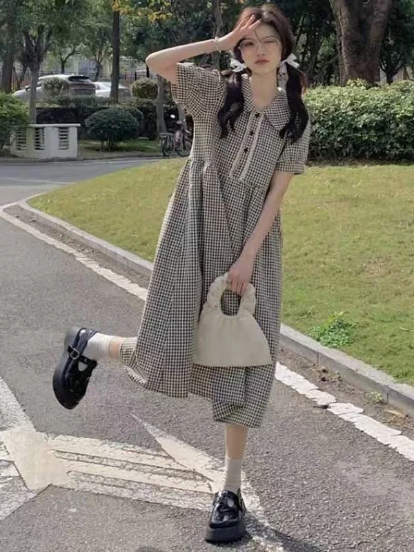 plus Size Women's Vintage Doll Collar Long Dress Loose Black White Plaid Summer Slimming Sweet Girl Korean Style A-Line Dress