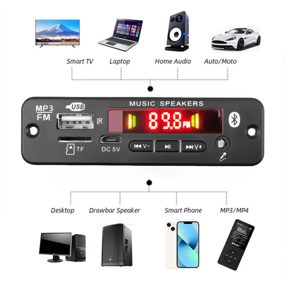 مجموعة فك تشفير السيارة بدون استخدام اليدين ، بلوتوث ، MP3 ، WMA ، WAV ، APE ، الصوت ، من من ، ميكروفون ، USB ، TF ، راديو FM ، مشغل موسيقى ، مكبر صوت ، DC ، 12 فولت