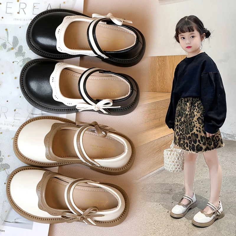 Fashion Girl School Shoes Patchwork Kid Princess Shoes for Children Shallow Toddler Ruffled Edge Leather