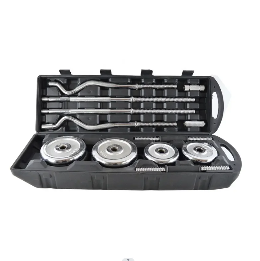 55kg Cast Iron Chrome EZ Curl Barbell Set Adjustable Weight Plate Fitness Equipment