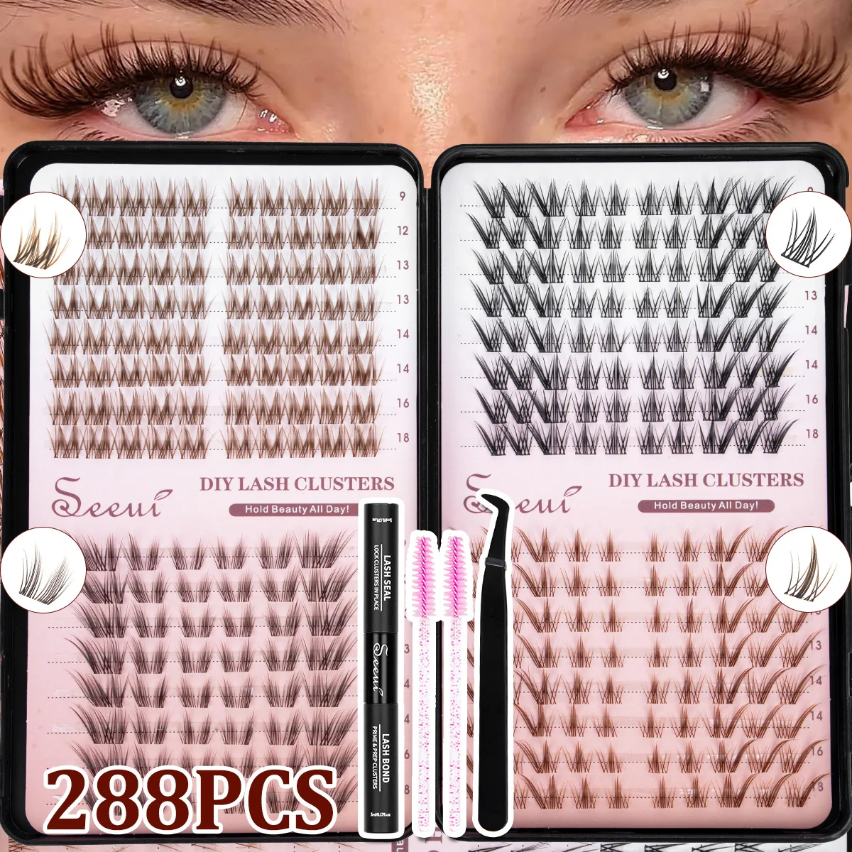 Wimpernbüschel-Set, Einzelne Wimpernbüschel-Verlängerungen, Wispy-Wimpern mit Wimpernkleber und Versiegelungsmittel sowie Pinzetten, Mix-Stile, Halloween – Detail 12