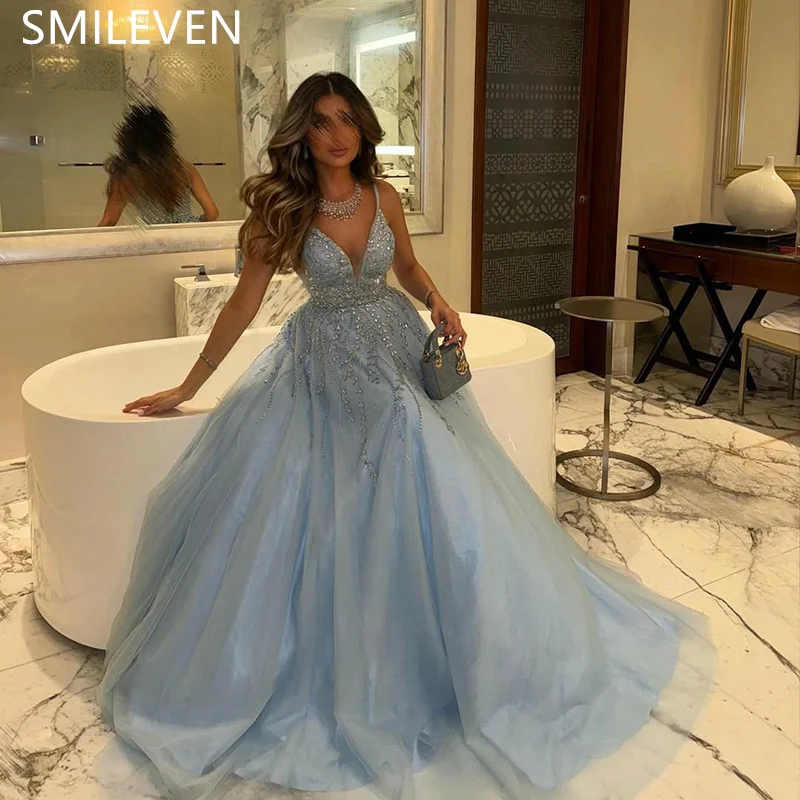 

Smileven A-line Sky Blue Prom Dress Sexy Lace Applique Formal Evening Gowns V-Neck Sleeveless Wedding Party Dress Customized2025