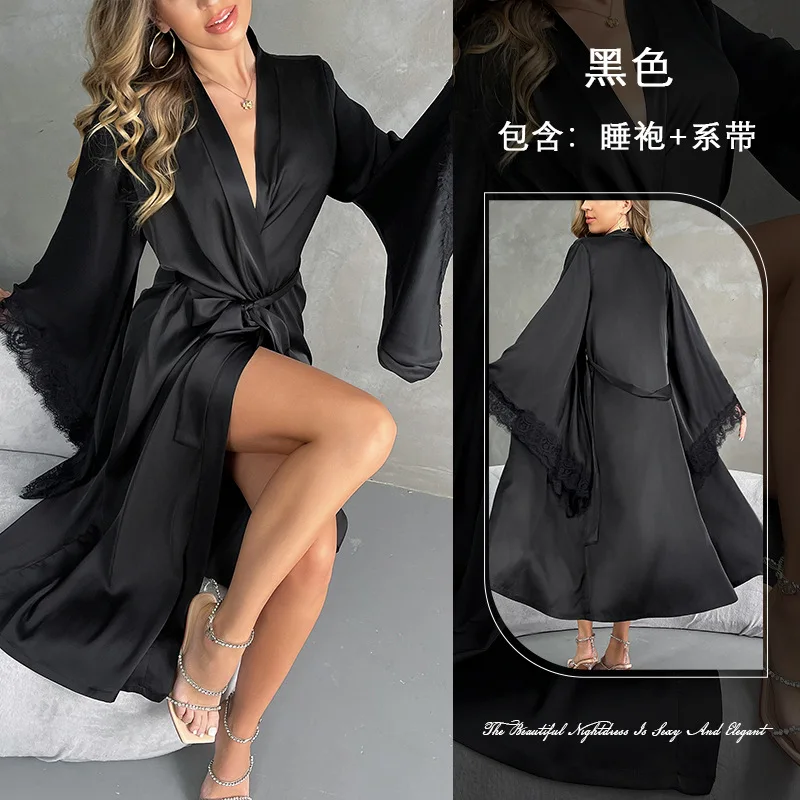 Cross-border Lace Horn Sleeve Luxury Satin Nightgown Women's Long V-neck Lace-up Split-ended Home Bathrobe Cw91340